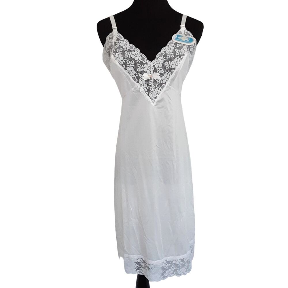 Vintage 70s Satin Lingerie Nightgown Midi White Lace Coquette Chemise Bride